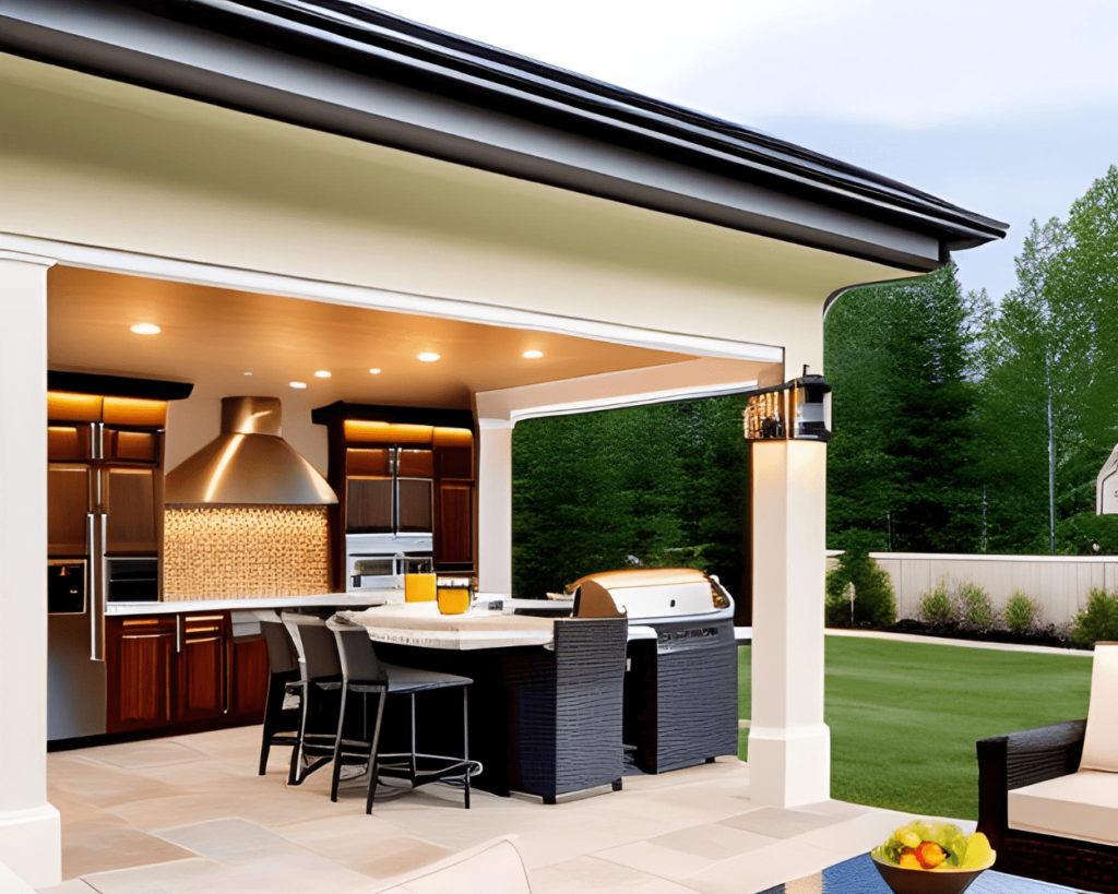 An expansive outdoor kitchen with a large dining area, a mounted TV, a cozy fireplace, and plenty of seating, filled with guests enjoying the space.