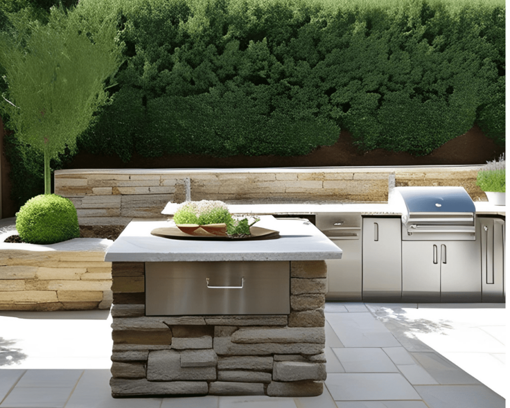 A charming outdoor kitchen featuring a limestone sink, rough stone walls, stainless steel appliances, and Mediterranean plants.
